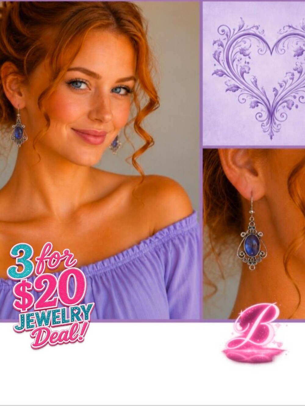 3/$20 Boho Silver Tone Lavender Stone Filigree Dangle Earrings NWT
